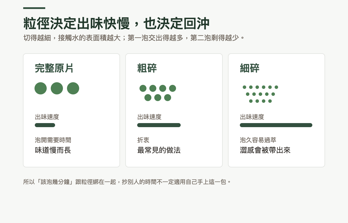 粒徑與出味速度的對照圖：完整原片出味最慢，泡開需要時間但味道慢而長；粗碎居中，是最常見的做法；細碎出味最快，但泡久容易過萃，會把澀感帶出來