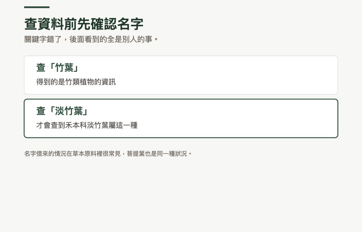 查資料時關鍵字的對照：查竹葉得到的是竹類植物的資訊；查淡竹葉才會查到禾本科淡竹葉屬這一種