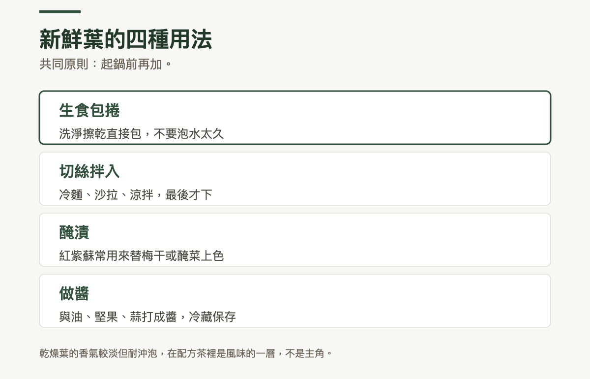 新鮮紫蘇葉的四種用法:生食包捲要洗淨擦乾直接包、不要泡水太久;切絲拌入冷麵沙拉涼拌、最後才下;醃漬時紅紫蘇常用來替梅干或醃菜上色;做醬是與油、堅果、蒜打成醬並冷藏保存