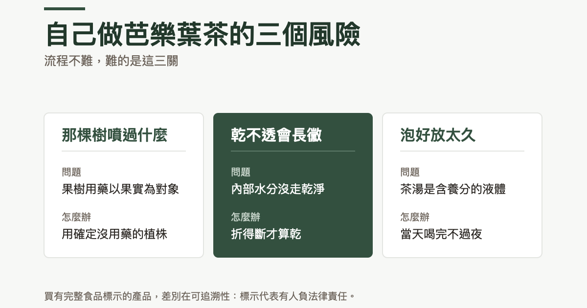 三欄對照：那棵樹噴過什麼的問題在果樹用藥以果實為對象核定，做法是用確定沒用藥的植株；乾不透會長黴的問題在內部水分沒走乾淨，做法是折得斷才算乾；泡好放太久的問題在茶湯是含養分的液體，做法是當天喝完不過夜